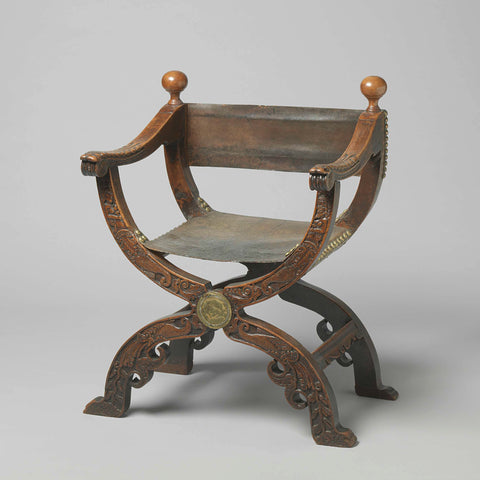 Folding chair in walnut, upholstered in leather on the back and seat, anonymous, 1625 - 1650 Canvas Print