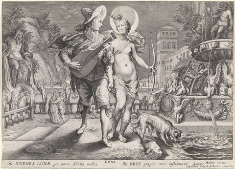 Diana as Luna and a young man with lute, Jacob Matham, 1615 Canvas Print