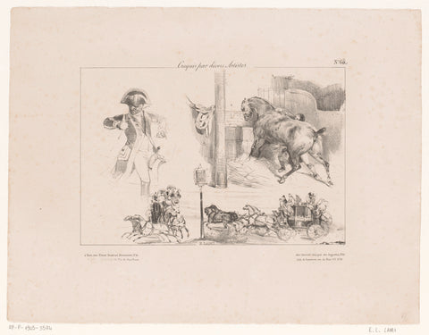 Three sketches of coachmen, horses and carriages, Eugène Louis Lami, 1830 Canvas Print