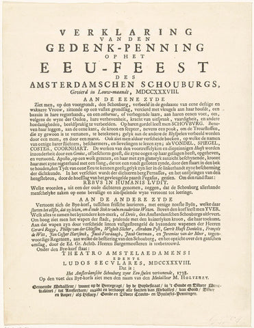 Verklaring van de penning op het eeuwfeest van de Amsterdamse Schouwburg, 1738, anonymous, 1738 Canvas Print