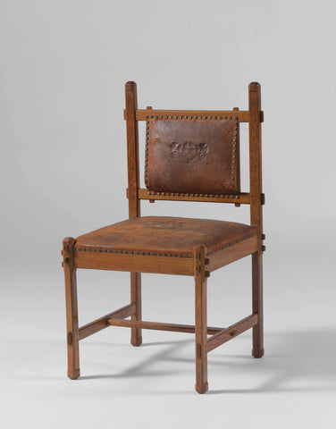 Chair of oak, covered with brown leather with a flower in the middle of the seat and a branch on back, A.J. Kropholler, 1907 Canvas Print