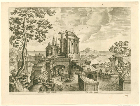 Landscape with ruin of a temple, Adriaen Collaert, 1587 - 1618 Canvas Print