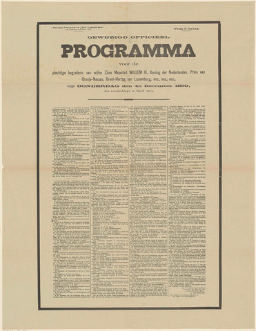 Program of the funeral of William III, King of the Netherlands, on December 4, 1890, anonymous, 1890 Canvas Print