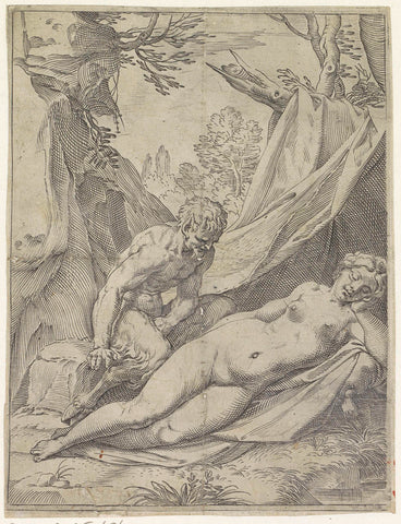 Satyr spied on a sleeping nymph, Agostino Carracci, c. 1590 - c. 1595 Canvas Print