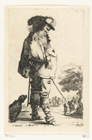 Staande cavalier met stok, achter hem een hond, Salomon Savery, 1633 - 1665 Canvas Print