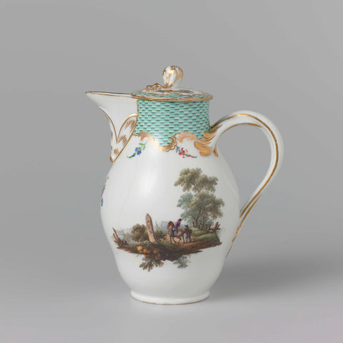 Milk jug with lid, multicolored painted with landscapes with figures, Meissener Porzellan Manufaktur, 1777 Canvas Print