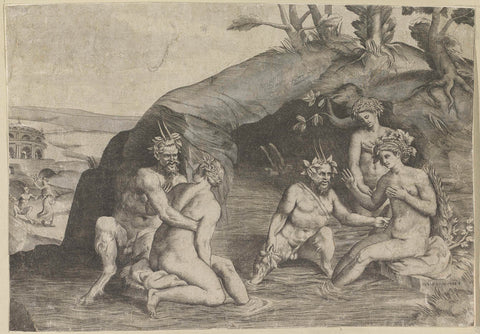 Three Nymphs and Two Satyrs Bathing, Giulio Bonasone, 1501 - 1580 Canvas Print