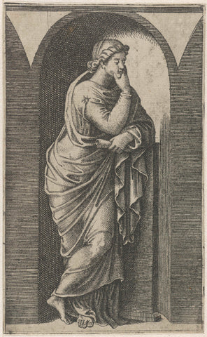 Muse with scroll leaning on column, Marcantonio Raimondi, 1511 - 1520 Canvas Print