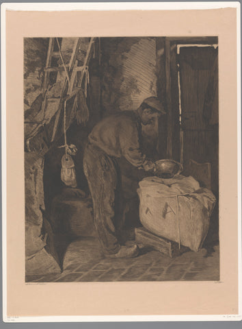 Molenaar in de korenmolen van Wijk bij Duurstede fills a bag with flour, Willem Witsen, c. 1908 Canvas Print