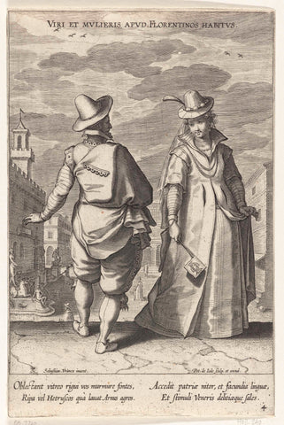 Couple, dressed according to the fashion from Florence ca. 1610, Pieter de Jode (I), 1605 - 1610 Canvas Print