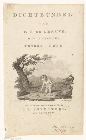 Title page with landscape with child that picks up flowers and text, Antonie van der Beek, 1793 - 1852 Canvas Print