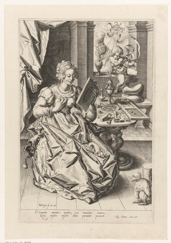 Allegory on vanity (young lady with mirror and putto), Jacob de Gheyn (II), 1595 - 1596 Canvas Print