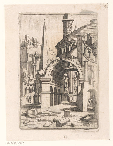 Ruins with an obelisk, dome and triumphal column, Virgil Solis, 1550 - 1562 Canvas Print