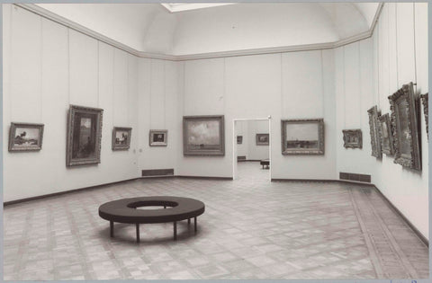 Room with paintings, a round sofa in the middle and at the back a passageway, 1990 Canvas Print