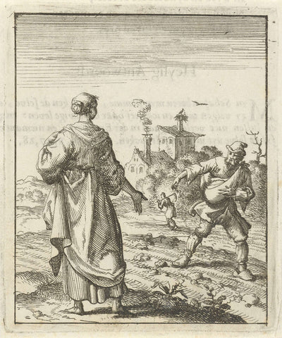 Woman beholds a sowing farmer, Jan Luyken, 1687 Canvas Print