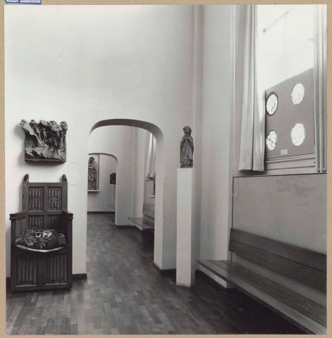 Room with armchair, relief, statue on pedestal, benches for visitors and passage with a view of halls, 1961 Canvas Print