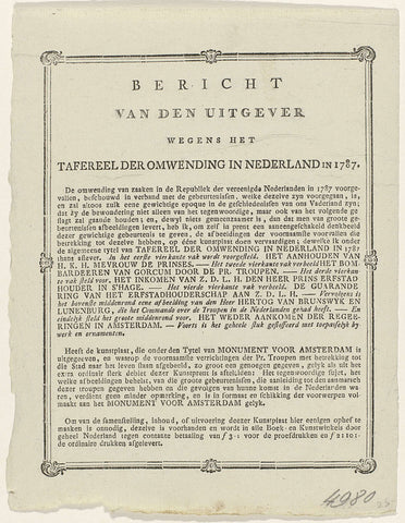 Message from the publisher on the print Omwentelingen in 1787, anonymous, 1789 Canvas Print