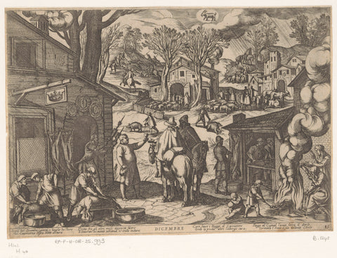 December : village scene with inn (ibex), Antonio Tempesta, 1599 Canvas Print