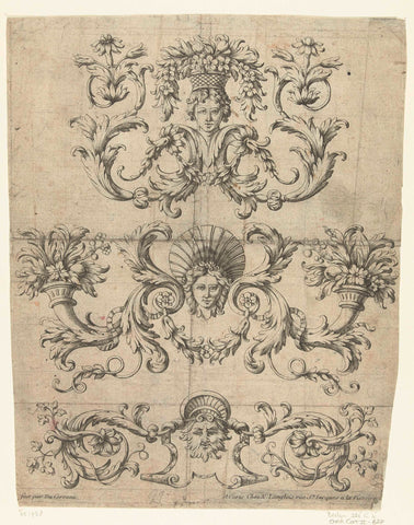 Three horizontal plane ornaments, Paul Androuet Ducerceau, c. 1670 - c. 1685 Canvas Print