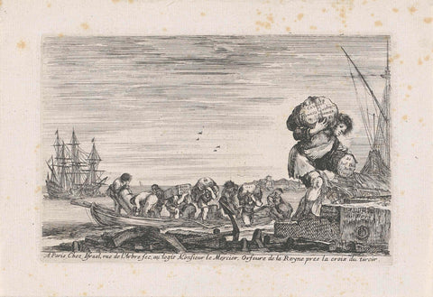 Title print with dock workers unloading a boat, Stefano della Bella, 1647 Canvas Print