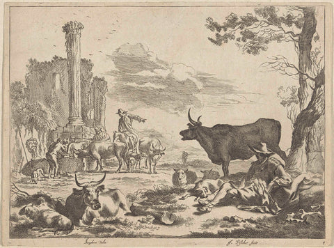 Landscape with shepherds and cattle at a watering hole, Jan de Visscher, 1643 - 1692 Canvas Print