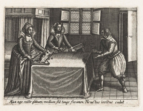 Two women and a man play a ball game on the table, Jacob van der Heyden, 1608 Canvas Print