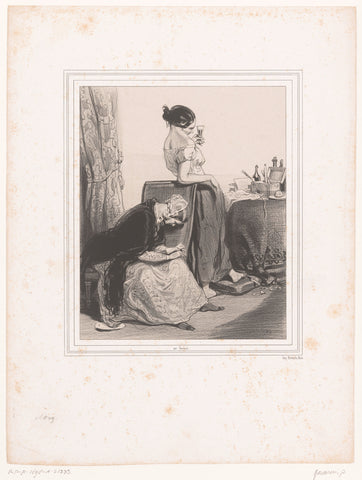 Woman with glass of wine talks to woman with book, Paul Gavarni, 1843 Canvas Print