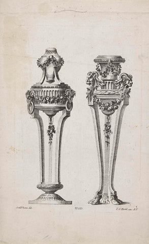 Two pedestals with vases, anonymous, 1751 - 1775 Canvas Print