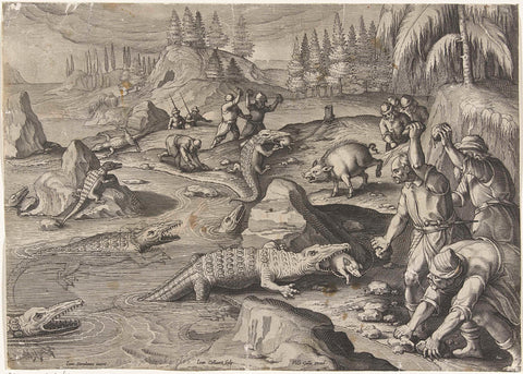 Krokodillenvangst, Jan Collaert (II), after 1598 - 1628 Canvas Print