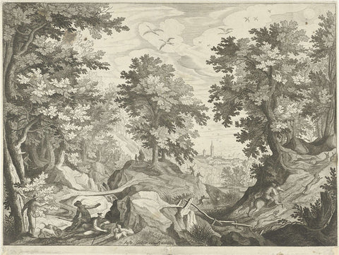 Forest landscape with a hare hunt, Johann Sadeler (I) (possibly), 1600 - 1620 Canvas Print