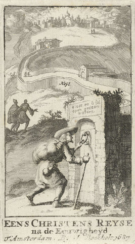 Pilgrim knocks on the door of a gate, Jan Luyken, 1687 Canvas Print