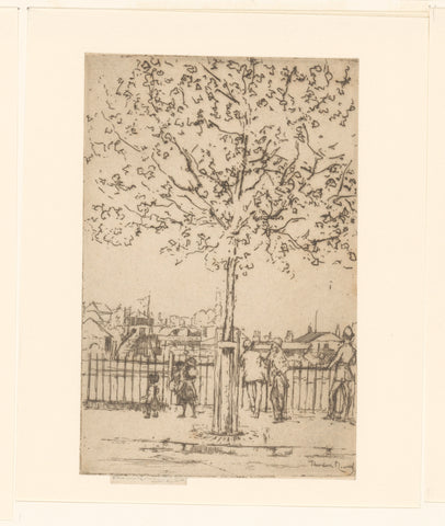 Six figures at a fence along a river, in the foreground a tree, Théodore Roussel, 1889 Canvas Print