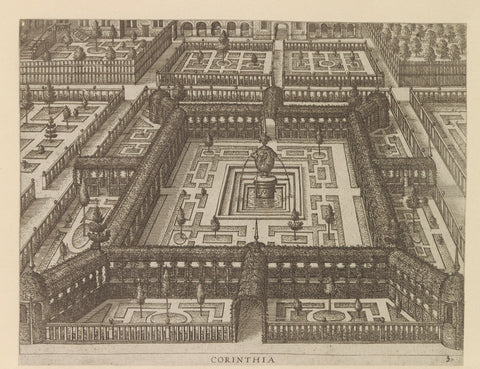 Garden with a first floor surrounded by a corridor of railings and in the middle a fountain, anonymous, c. 1600 - c. 1601 Canvas Print