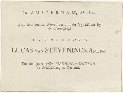 Obituary of the death of Lucas van Steveninck, 1800, anonymous, 1800 Canvas Print