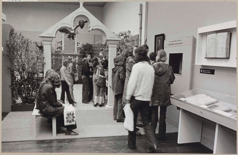 Room with books in display cases, visitors and a view of the entrance to the reconstructed Ambulacrum of the Hortus, c. 1975 Canvas Print