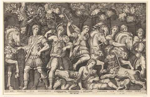 Soldiers deter lion from attack on woman, Marcantonio Raimondi, 1520 - 1562 Canvas Print