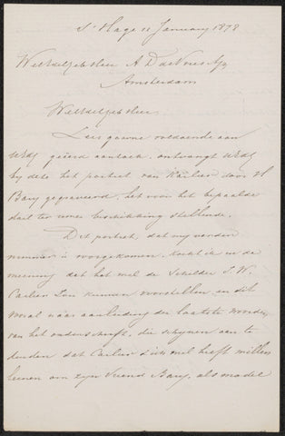 Letter to Adrianus Daniël de Vries Azn., Lambertus Hardenberg (1822-1900), 1878 Canvas Print