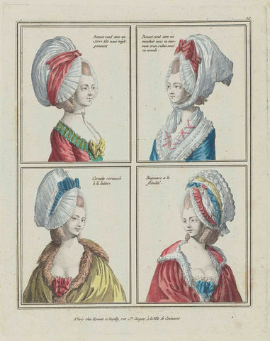 Gallery des Modes et Costumes Français, 1776-1778, B 10 : Bonnet rond avec un Serre-têt (...), anonymous, c. 1776 Canvas Print