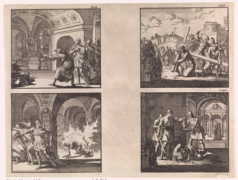 Herod in David's tomb / Herod's soldiers are killed by a flame in David's tomb / The Crossbealy / Beheading of John the Baptist, Jan Luyken, 1698 Canvas Print