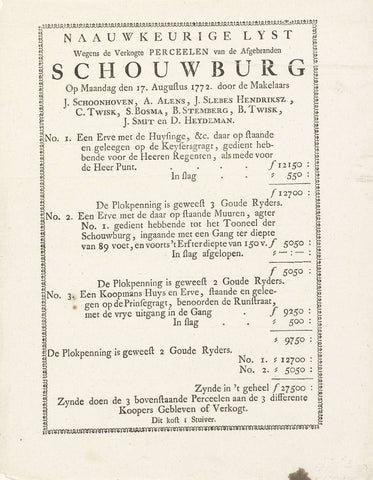 List with the proceeds of the sale of the plots of the burned down Amsterdamse Schouwburg, 1772, anonymous, 1772 Canvas Print