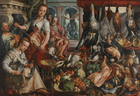 The Well-stocked Kitchen, with Jesus in het House of Martha and Mary in the Background, Joachim Bueckelaer, 1566 Canvas Print