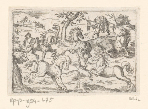 Five horses and a donkey, Stephan Herman, 1578 - 1596 Canvas Print