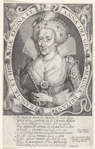 Busteportret van Anna van Denemarken, koningin van Engeland, Simon van de Passe, 1617 Canvas Print