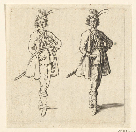 Twice the same soldier with small plumed hat and hand in the side, seen from the front, Jacques Callot, 1621 - 1657 Canvas Print