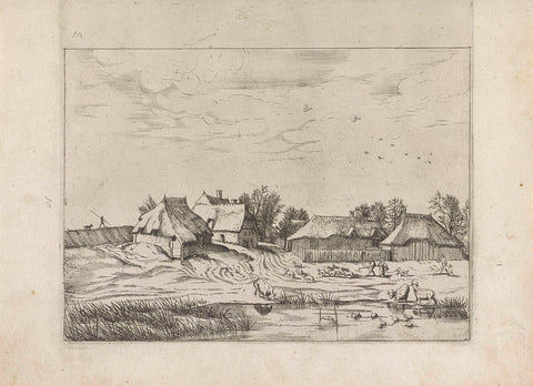 Farms with drinking cows in the foreground, Johannes or Lucas van Doetechum, 1559 - 1561 Canvas Print