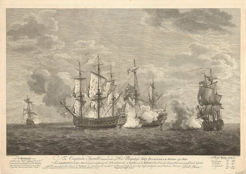 Attack of an English ship on three French ships at St Eustatius, 1758, Pierre Charles Canot, 1760 Canvas Print