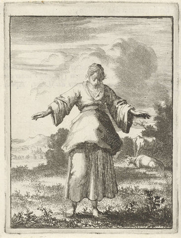 Woman looks at the grass under her feet in amazement, Jan Luyken, 1687 Canvas Print