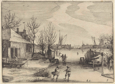 Shipyard on a frozen canal, Claes Jansz. Visscher (II), 1613 Canvas Print