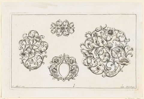 Three small motifs and a large motif of leaf vines and flowers, Johannes Jacobsz Folkema, c. 1690 - c. 1700 Canvas Print