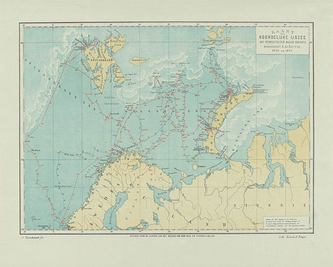 Map of the Arctic Ocean with itineraries of willem barents Kommandant A. de Bruyne 1878 and 1879, Albertus Barend Hendrik Braakensiek, 1879 Canvas Print